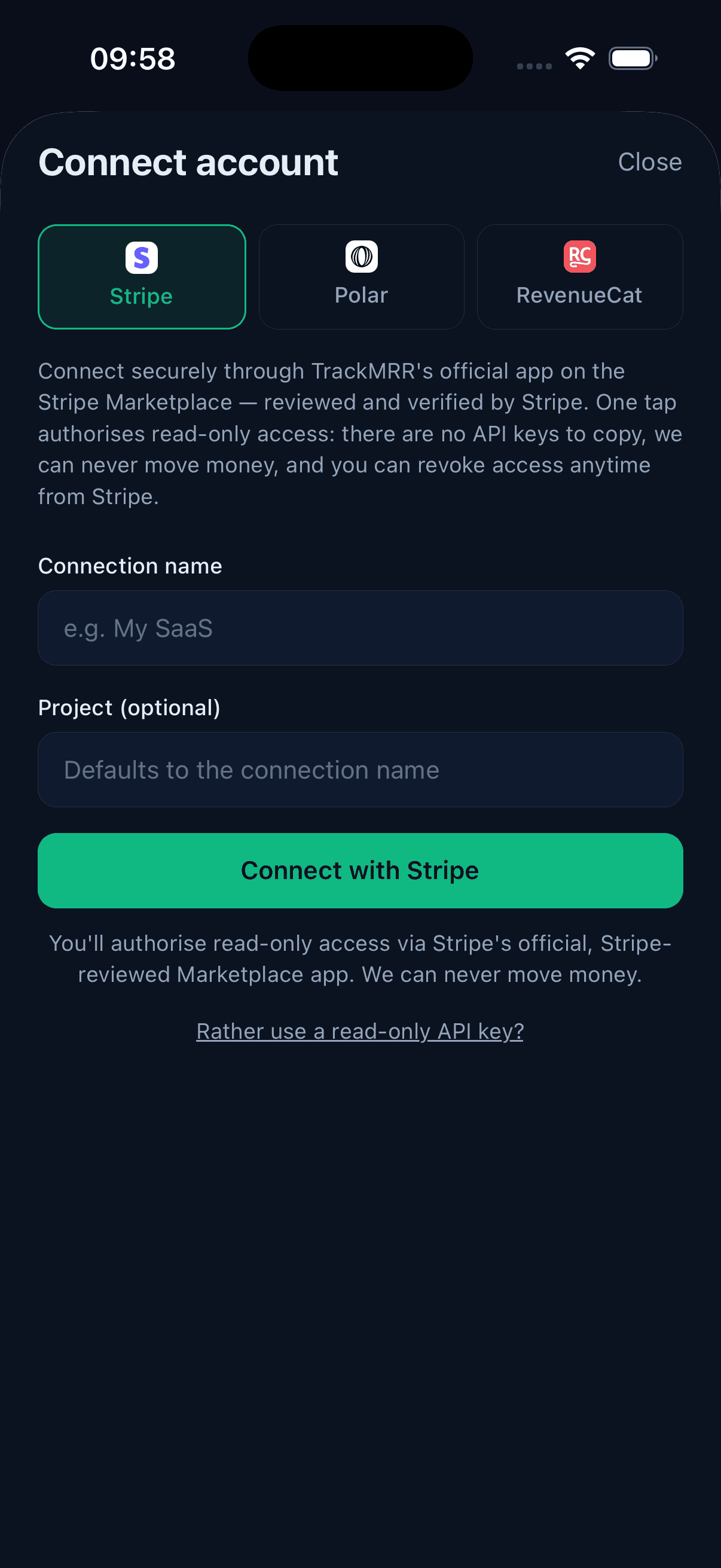 TrackMRR connect-account screen for linking Stripe, Polar or RevenueCat with read-only access via the official Stripe Marketplace app.